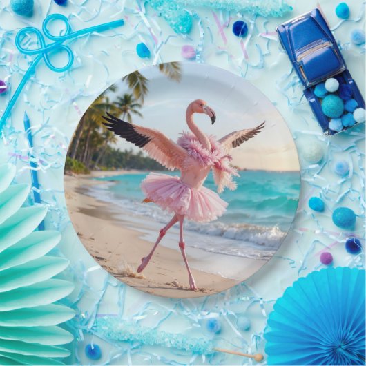 Flamingo Ballerina In a Pink Tutu On the Beach Pappteller (Party)