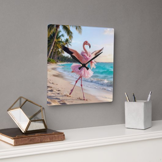 Flamingo Ballerina In a Pink Tutu On the Beach Quadratische Wanduhr (Büro)