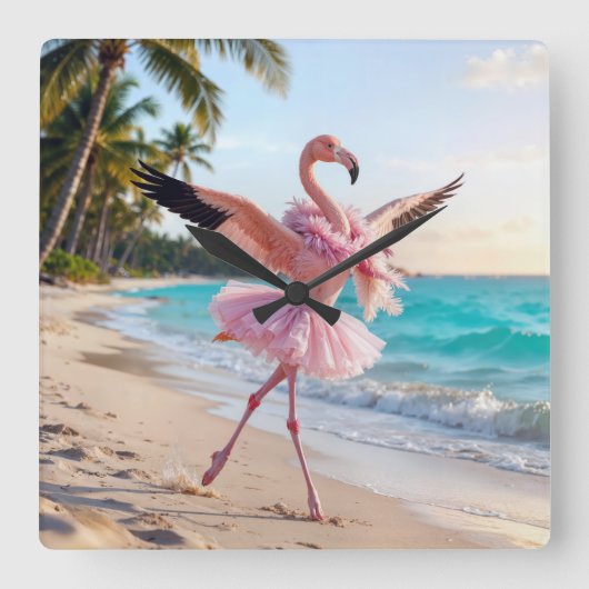 Flamingo Ballerina In a Pink Tutu On the Beach Quadratische Wanduhr (Vorderseite)