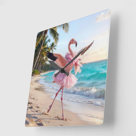 Flamingo Ballerina In a Pink Tutu On the Beach Quadratische Wanduhr (Winkel)