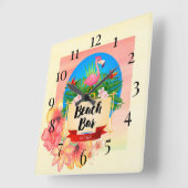 Flamingo Beach Bar Quadratische Wanduhr (Winkel)