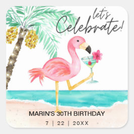 Flamingo Beach Cocktail Palm Tropical Geburtstag Quadratischer Aufkleber
