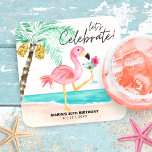 Flamingo Beach Cocktail Palm Tropical Geburtstag Rechteckiger Pappuntersetzer<br><div class="desc">Die festlichen Untersetzer der Geburtstagszeitschrift sind mit einem rosa Flamingo am Strand ausgestattet und genießen einen tropischen Cocktail neben einer Palme mit einer "Let's feiern"-Beschriftung in modernem,  lässigem Drehbuch. Kunst von KL Stock</div>