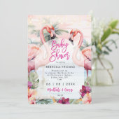 Flamingo Beach Palmen Baby Dusche Einladung (Stehend Vorderseite)