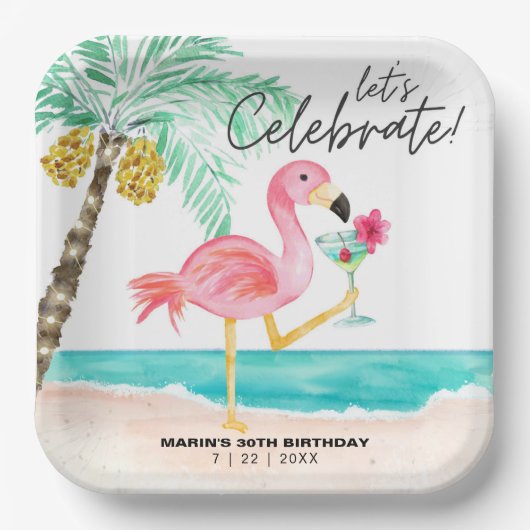 Flamingo Beach Party Tropischer Cocktail Geburtsta Pappteller (Vorderseite)