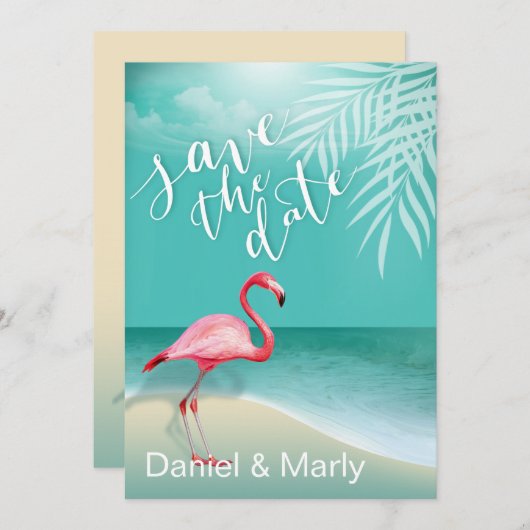 Flamingo Beach Save the Date | Aqua Einladung (Vorne/Hinten)