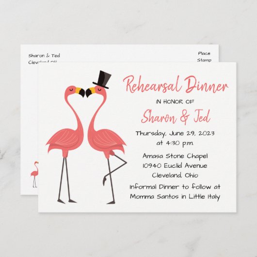 Flamingo Beach Tropical Wedding Probe Dinner Einladungspostkarte (Vorne/Hinten)