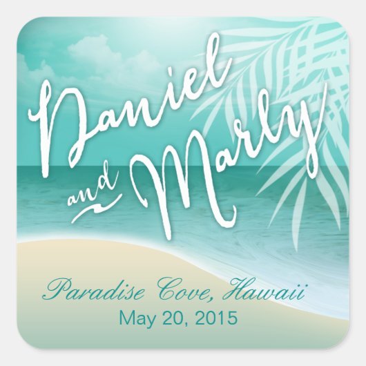 Flamingo Beach Wedding Gefallen | Aqua Quadratischer Aufkleber (Vorderseite)