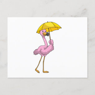 Flamingo bei Regen mit Regenschirm Postkarte