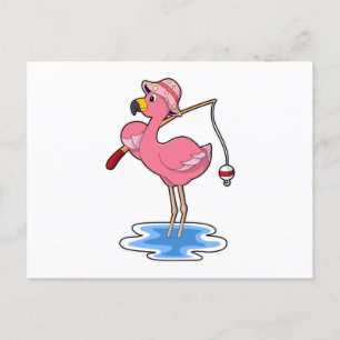 Flamingo beim Angeln mit Angelstab Postkarte