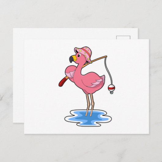 Flamingo beim Angeln mit Angelstab Postkarte (Vorne/Hinten)