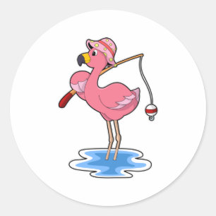 Flamingo beim Angeln mit Angelstab Runder Aufkleber