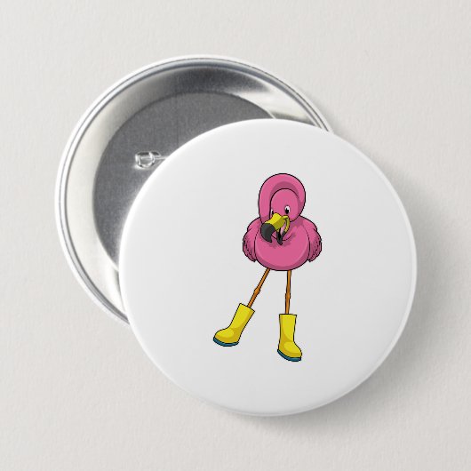 Flamingo beim Regen mit Gummistiefeln Button (Vorne & Hinten)