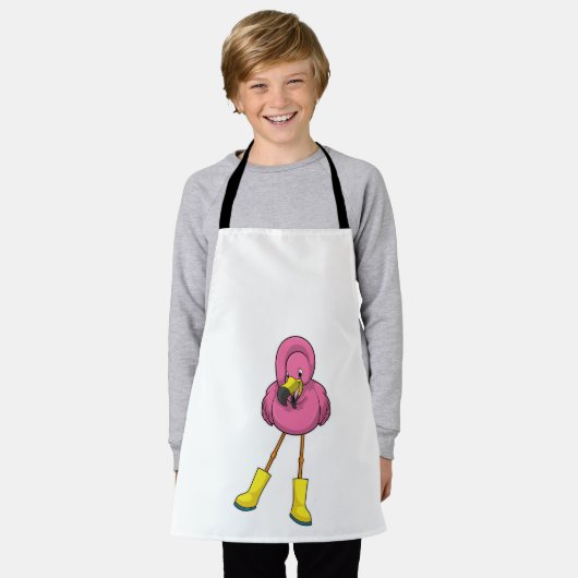Flamingo beim Regen mit Gummistiefeln Schürze (Getragen)