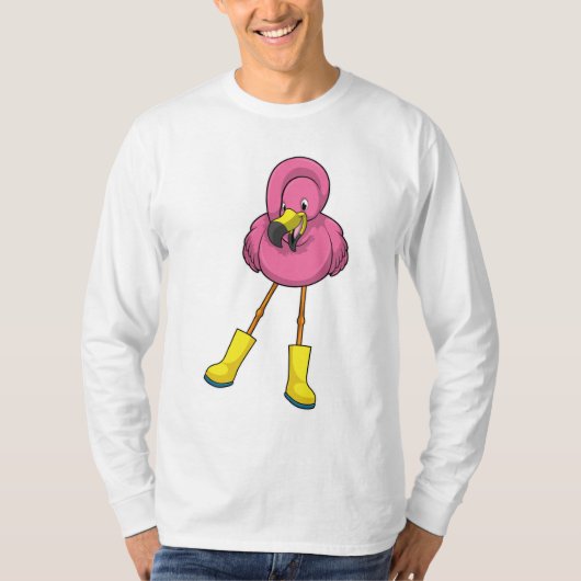 Flamingo beim Regen mit Gummistiefeln T-Shirt (Vorderseite)