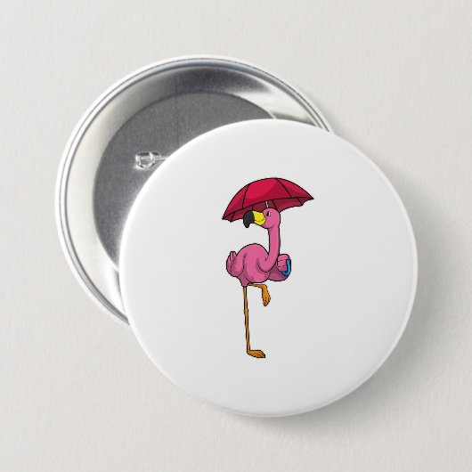 Flamingo beim Regen mit Regenschirm Button (Vorne & Hinten)
