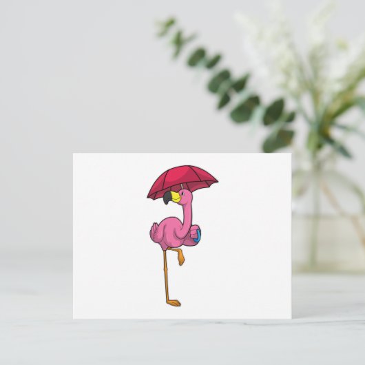 Flamingo beim Regen mit Regenschirm Postkarte (Stehend Vorderseite)