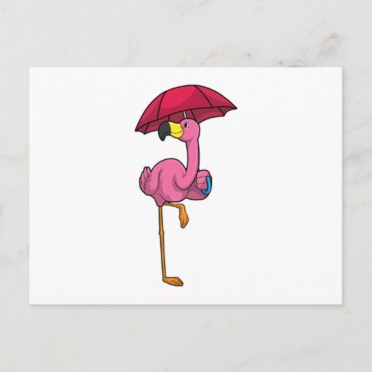 Flamingo beim Regen mit Regenschirm Postkarte (Vorderseite)