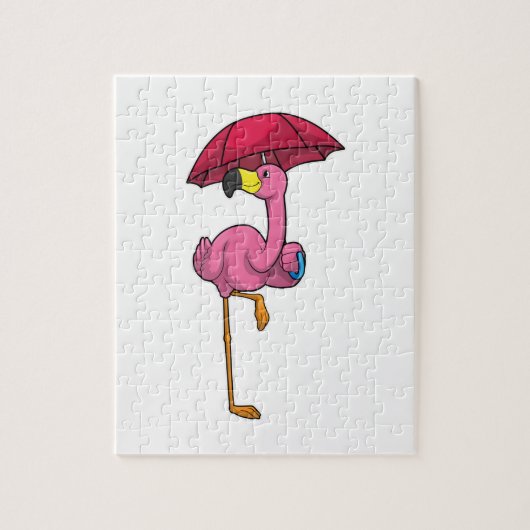 Flamingo beim Regen mit Regenschirm Puzzle (Vertikal)