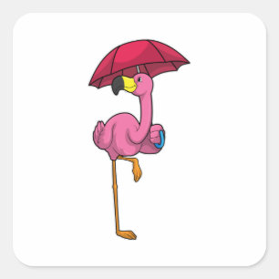 Flamingo beim Regen mit Regenschirm Quadratischer Aufkleber