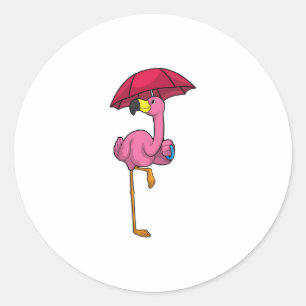 Flamingo beim Regen mit Regenschirm Runder Aufkleber