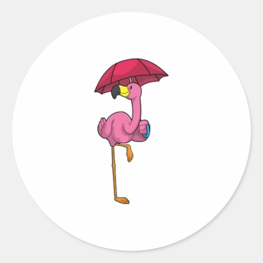 Flamingo beim Regen mit Regenschirm Runder Aufkleber (Vorderseite)