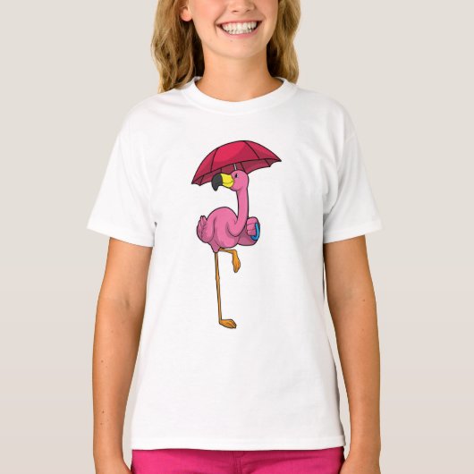 Flamingo beim Regen mit Regenschirm T-Shirt (Vorderseite)