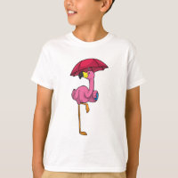 Flamingo beim Regen mit Regenschirm