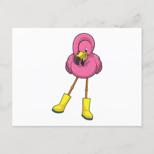 Flamingo beim Regnen mit Gummistiefeln Postkarte