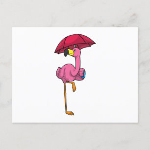 Flamingo beim Regnen mit Regenschirm Postkarte
