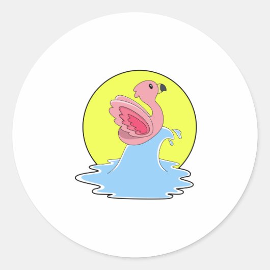 Flamingo beim Surfen im Wasser Runder Aufkleber (Vorderseite)