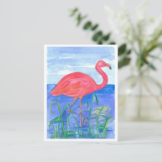 Flamingo Bird Frog Pond Postkarte (Stehend Vorderseite)