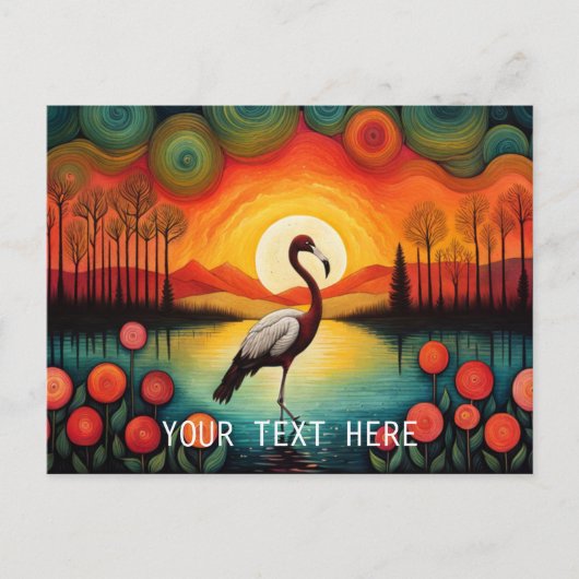 Flamingo Bird Lake Sunset Colorful Floral Postkarte (Vorderseite)