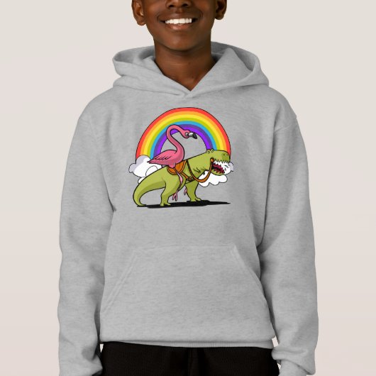 Flamingo Bird Riding T-Rex Dinosaur Regenbogen Hoodie (Vorderseite)
