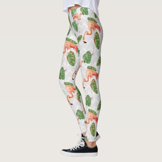 Flamingo Bird Tropical Banana Leaf Zickzack Muster Leggings (Links)