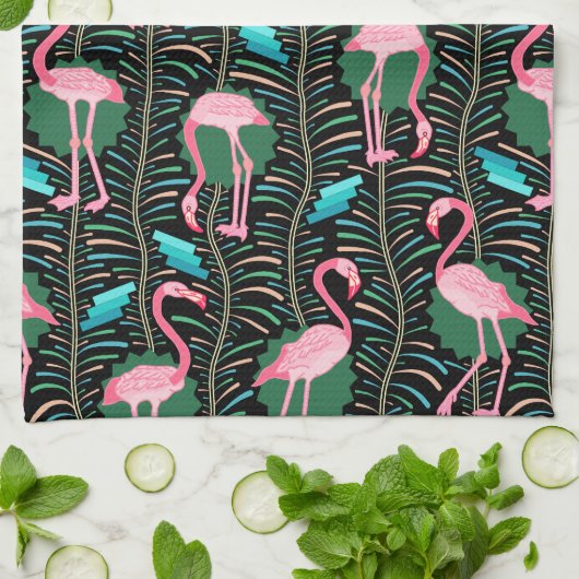 Flamingo Birds 20s Deko Ferns Pattern Black Green Geschirrtuch (Gefaltet)