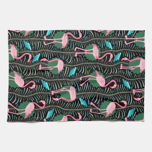 Flamingo Birds 20s Deko Ferns Pattern Black Green Geschirrtuch (Horizontal)