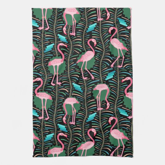 Flamingo Birds 20s Deko Ferns Pattern Black Green Geschirrtuch (Vertikal)