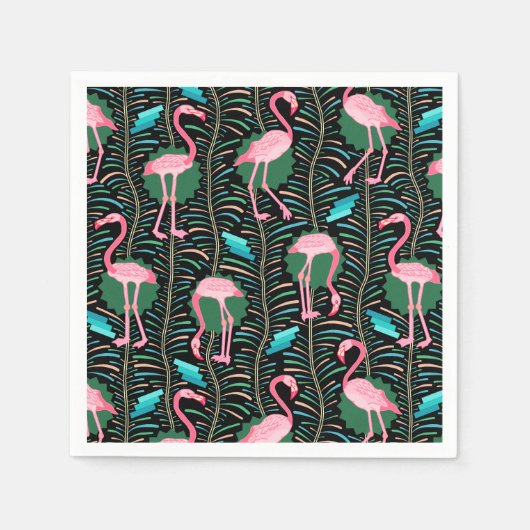 Flamingo Birds 20s Deko Ferns Pattern Black Green Serviette (Vorderseite)