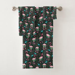Flamingo Birds 20s Deko Ferns Pattern Black Pink Badhandtuch Set