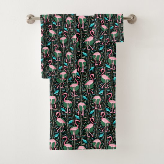 Flamingo Birds 20s Deko Ferns Pattern Black Pink Badhandtuch Set (Insitu)