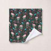 Flamingo Birds 20s Deko Ferns Pattern Black Pink Badhandtuch Set (Waschlappen)