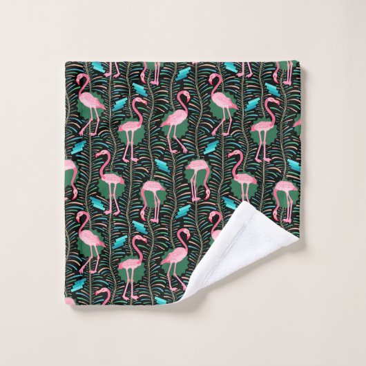 Flamingo Birds 20s Deko Ferns Pattern Black Pink Badhandtuch Set (Waschlappen)