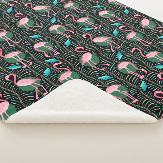 Flamingo Birds 20s Deko Ferns Pattern Black Pink Sherpadecke (3/4)