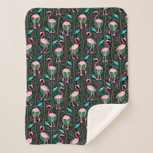 Flamingo Birds 20s Deko Ferns Pattern Black Pink Sherpadecke (Vorderseite)