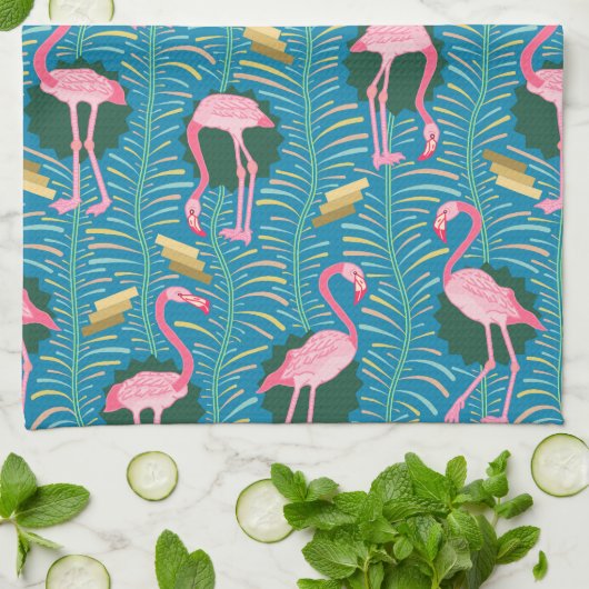 Flamingo Birds 20s Deko Ferns Pattern Blue Gold Geschirrtuch (Gefaltet)