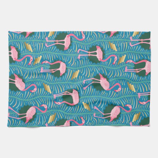 Flamingo Birds 20s Deko Ferns Pattern Blue Gold Geschirrtuch (Horizontal)