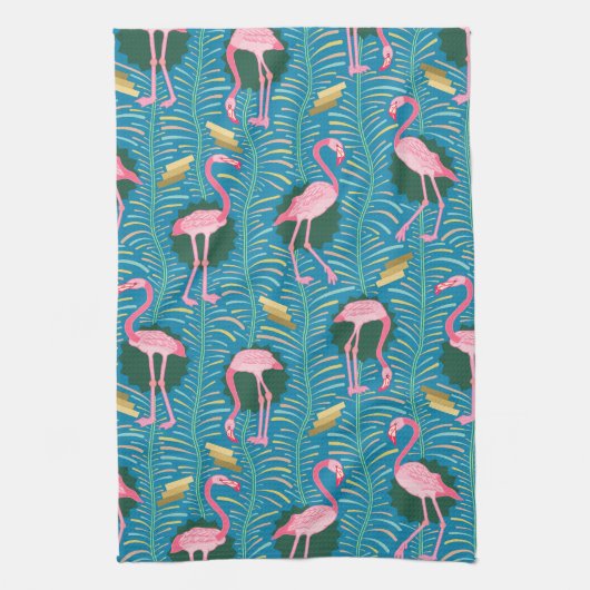 Flamingo Birds 20s Deko Ferns Pattern Blue Gold Geschirrtuch (Vertikal)