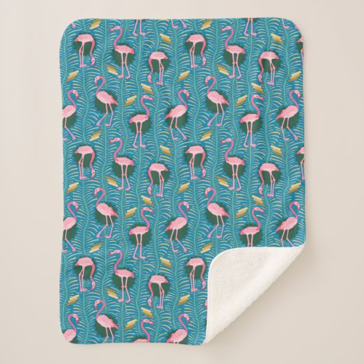 Flamingo Birds 20s Deko Ferns Pattern Pink Aquamar Sherpadecke (Vorderseite)