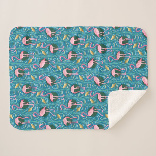 Flamingo Birds 20s Deko Ferns Pattern Pink Aquamar Sherpadecke (Vorderseite (Horizontal))